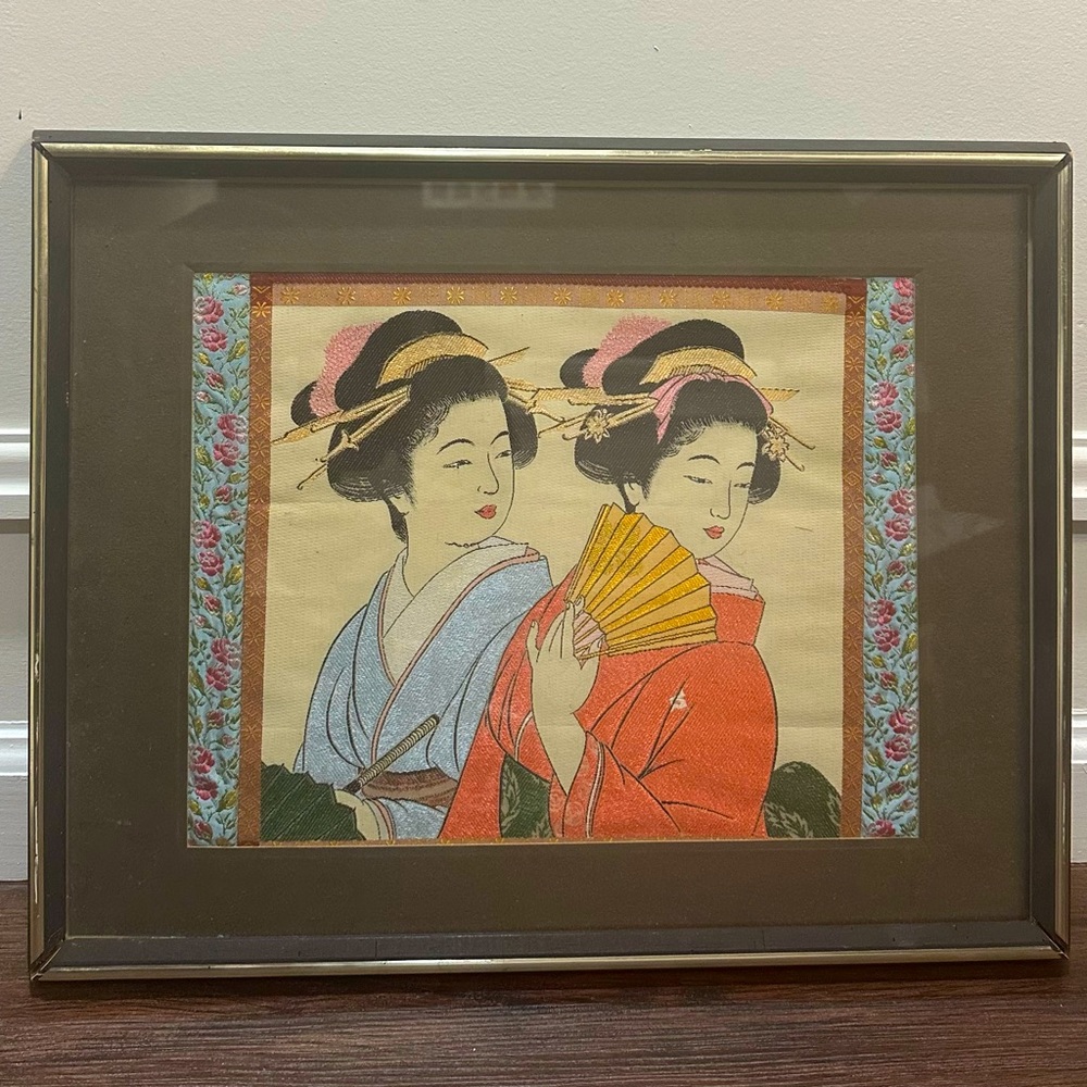 Vintage art Japanese framed silk embroidery Geishas
